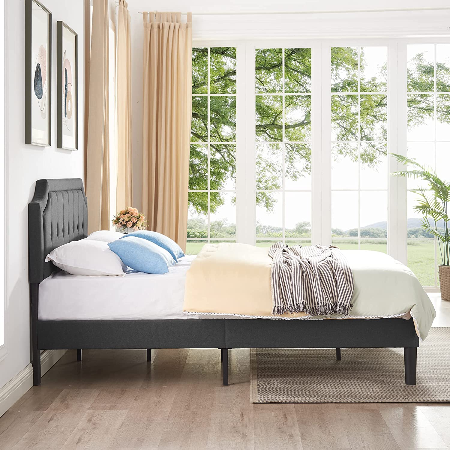 VECELO Premium Upholstered Platform Bed Diamond Stitched Panel Headboard