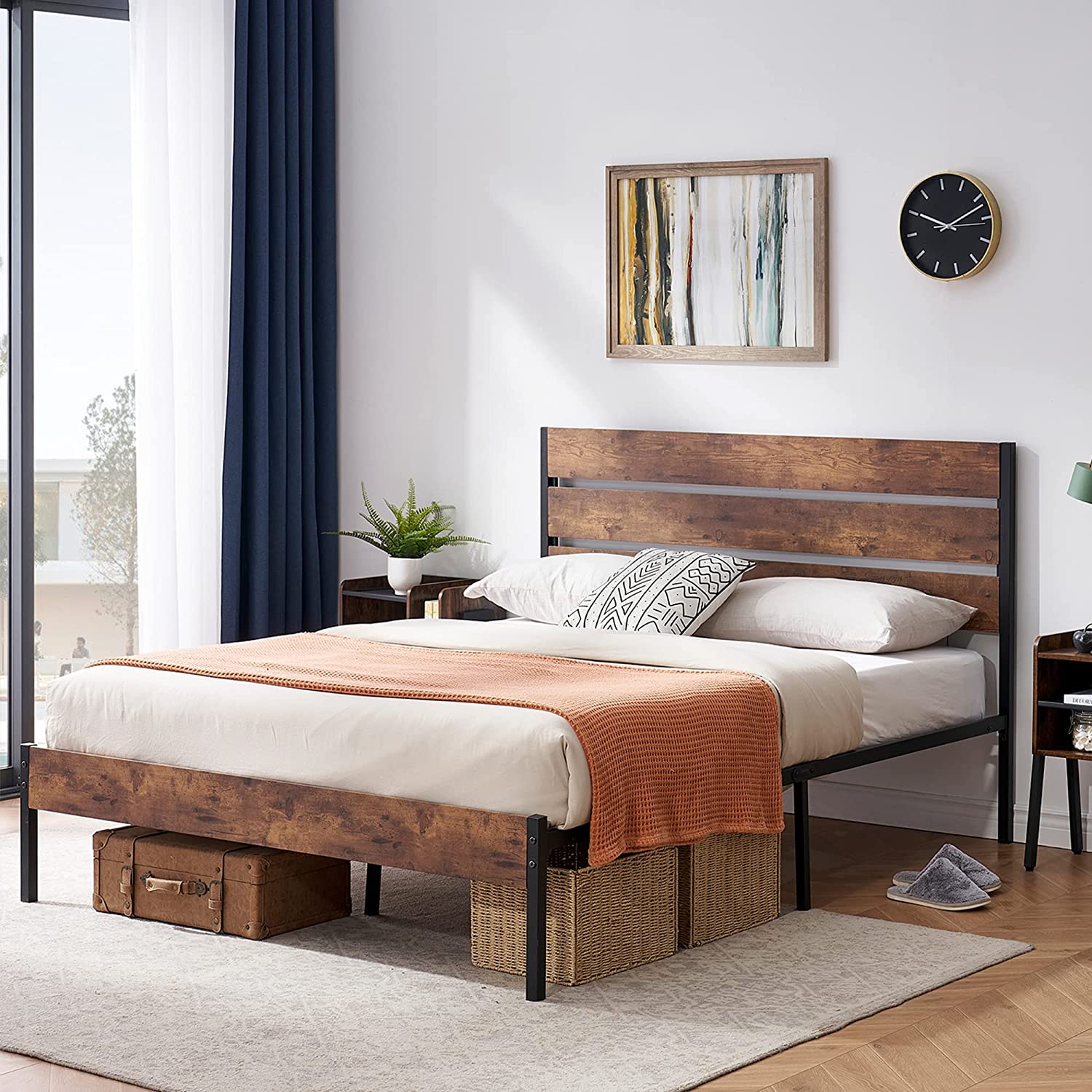 VECELO Platform Bed Frame with Rustic Vintage Wood Headboard/Strong Metal Slats Support