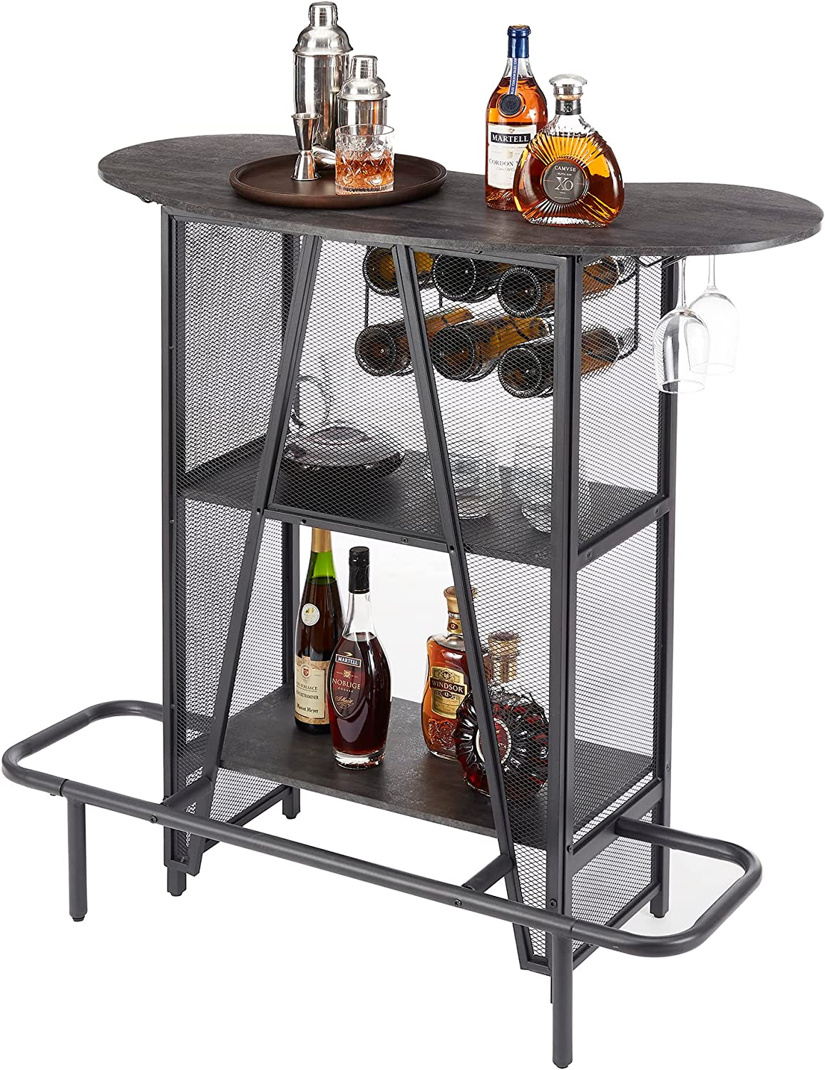 VECELO Bar Unit with Metal Mesh Front, 3-Tier Wine Rack Table with Glasses Holder