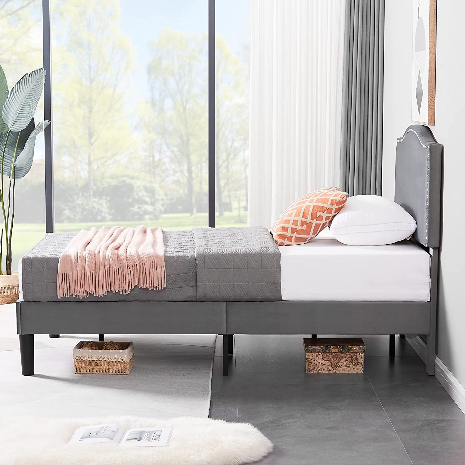 VECELO Bed Frame Platform with Upholstered Headboard & Wooden Slats Support - VECELO