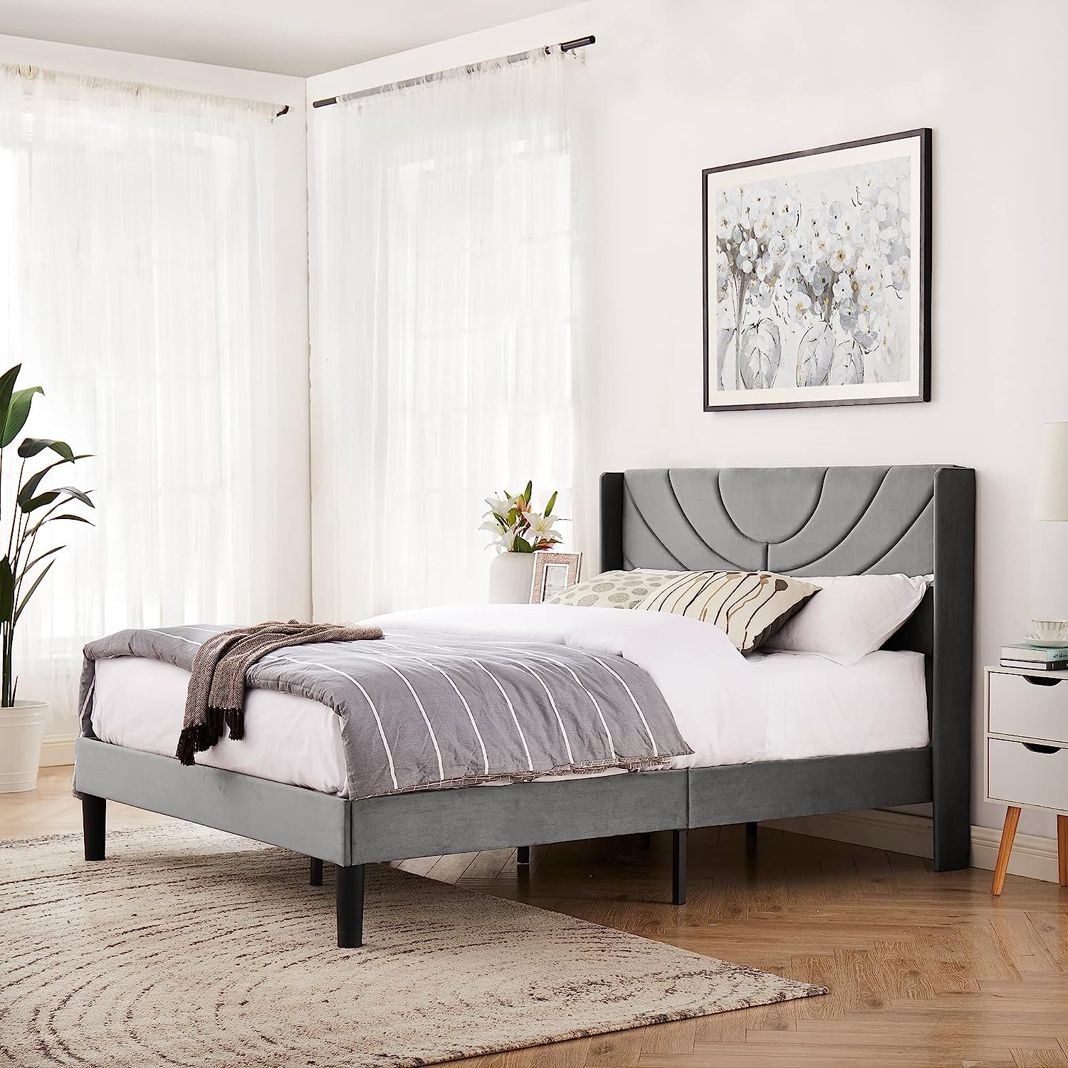 VECELO Upholstered Platform Bed Frame with Adjustable Fabric Headboard