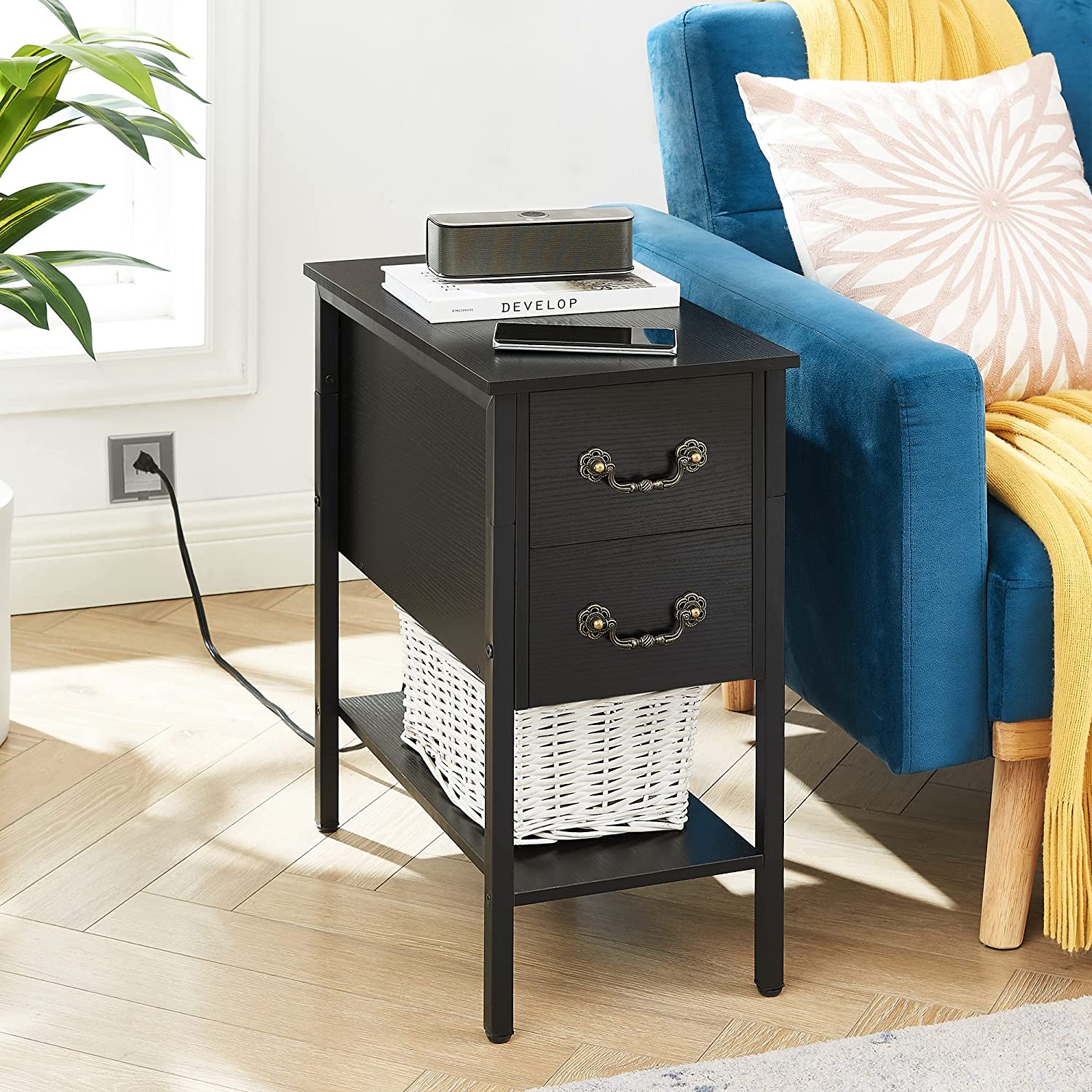 VECELO End Tables,Narrow Nightstands with Charging Station & USB Ports &Drawers