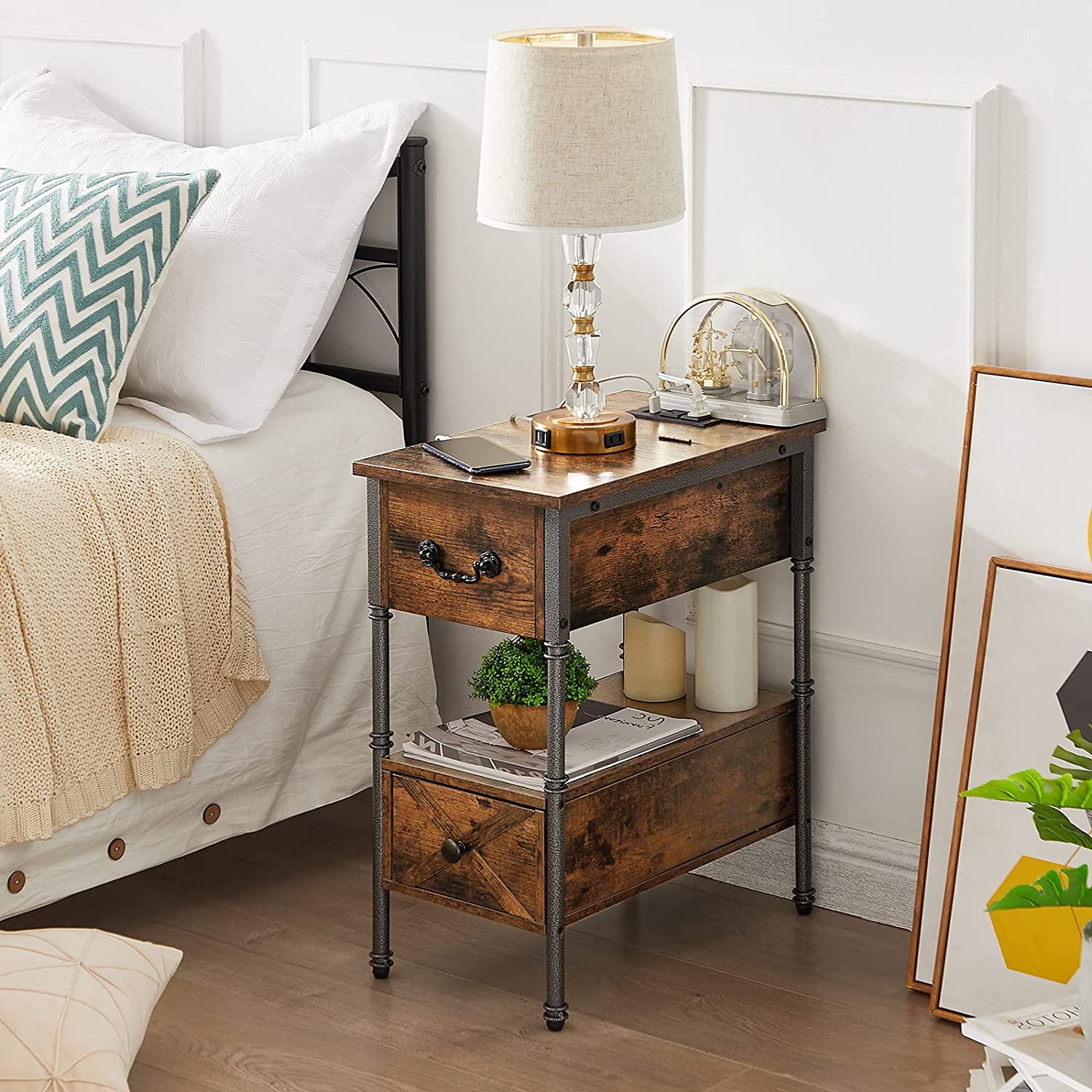 VECELO End Table with Charging Station, Narrow Flip Top Nightstand