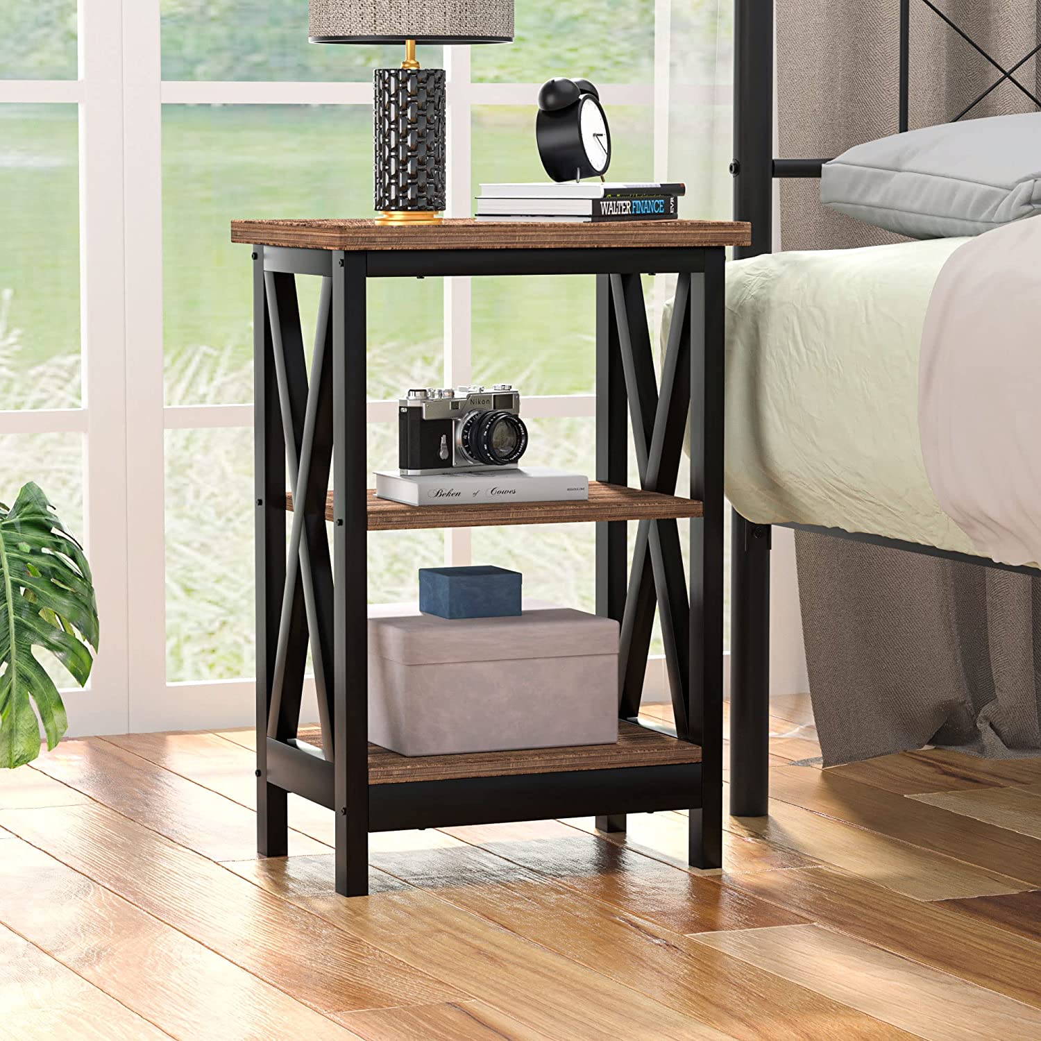 Modern Nightstand/Side End Table with X-Design Frame & 3-Tiers Open Storage Shelf