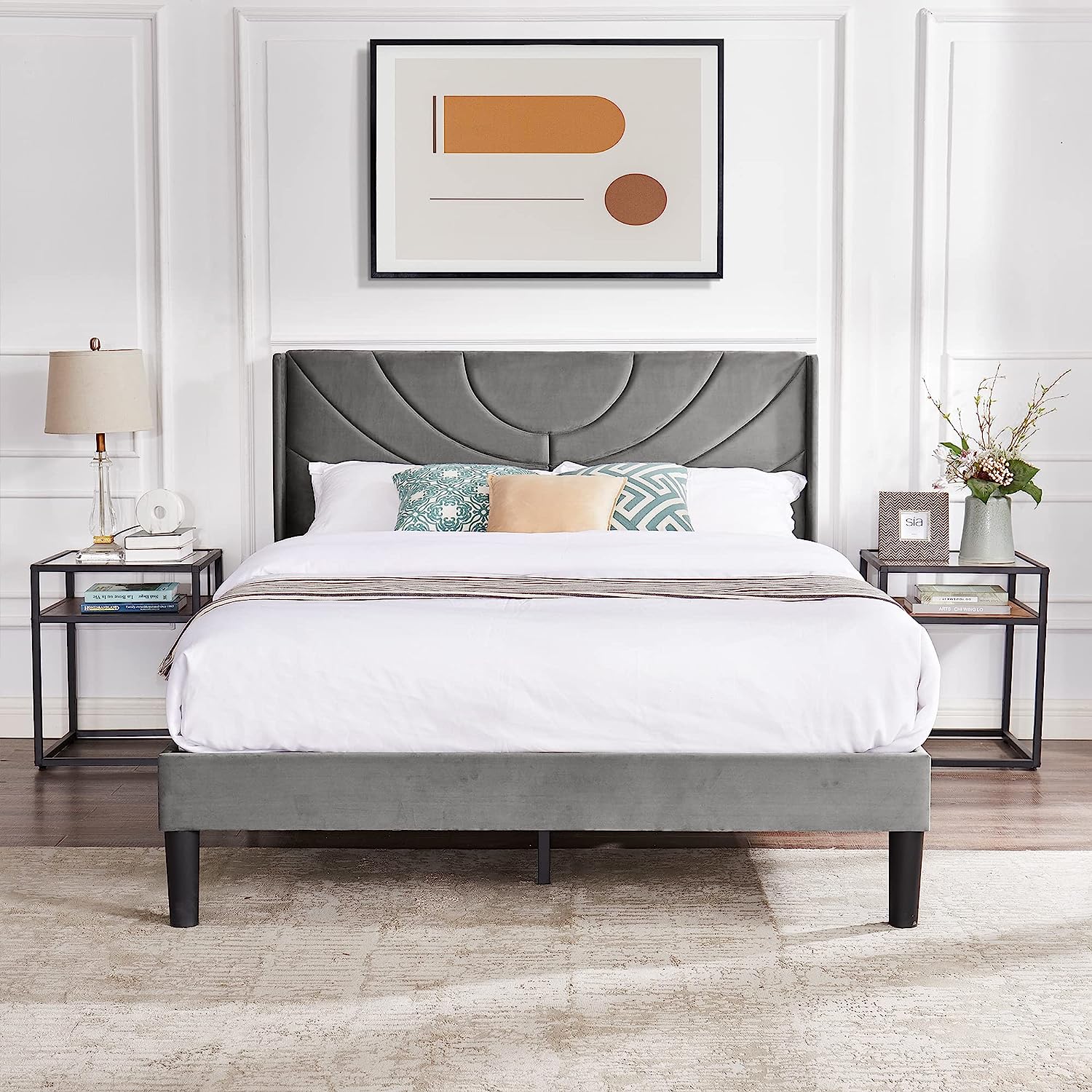 VECELO Upholstered Platform Bed Frame with Adjustable Fabric Headboard