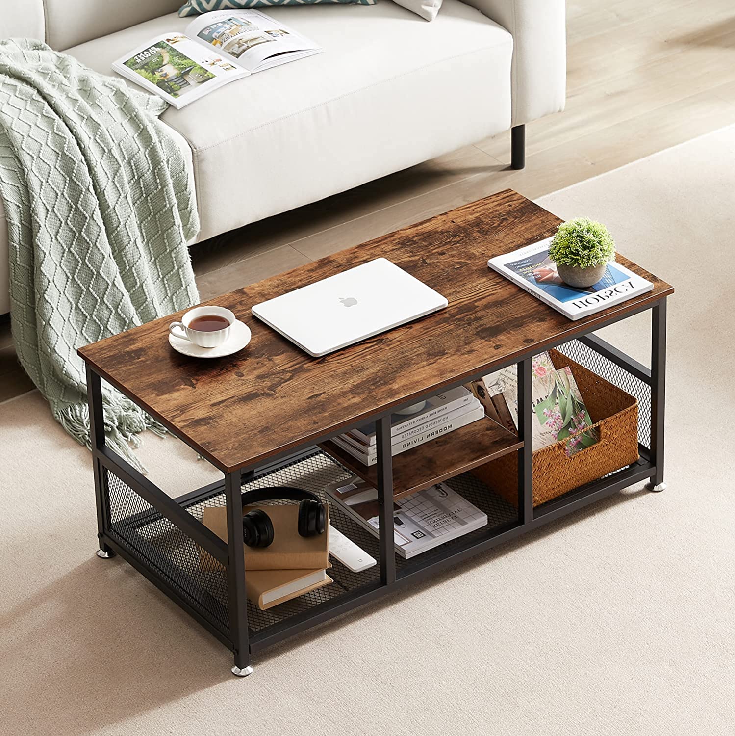 VECELO 39.4 Inch TV Stand/Coffee Table with Storage and Mesh Shelf for Living Room - VECELO