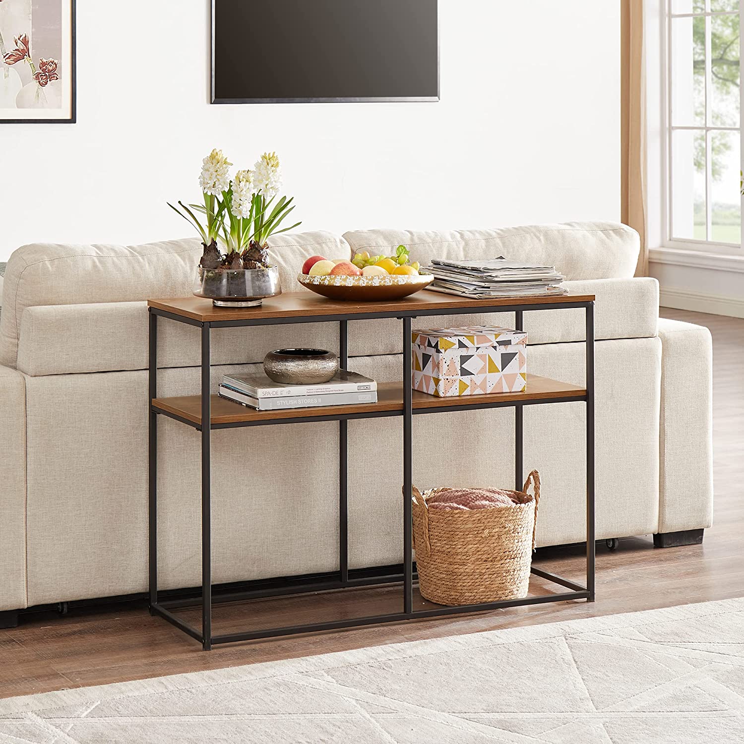 VECELO Multipurpose Console, Narrow Sofa 2-Tier Rustic Hallway Table with Storage Shelves