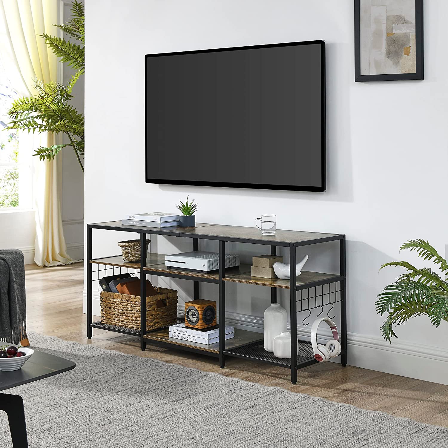 VECELO TV Stand Entertainment Center Media Console with 3-Tier Open Storage Shelves, Cabinet Table for Living Room Brown