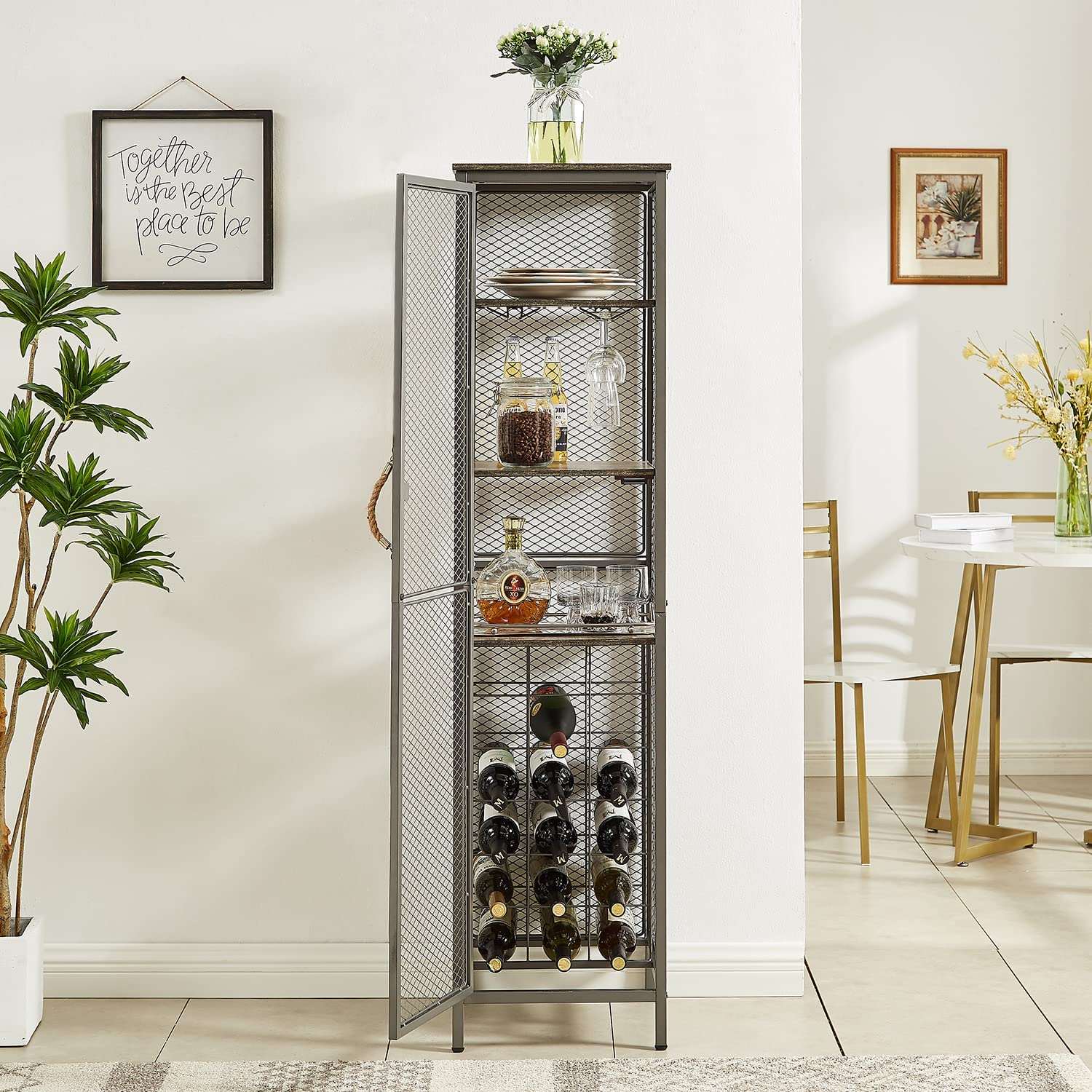 VECELO 3 tier Industrial Wine Bar Rack Storage Cabinet for Liquor and Glasses Holder Dishes