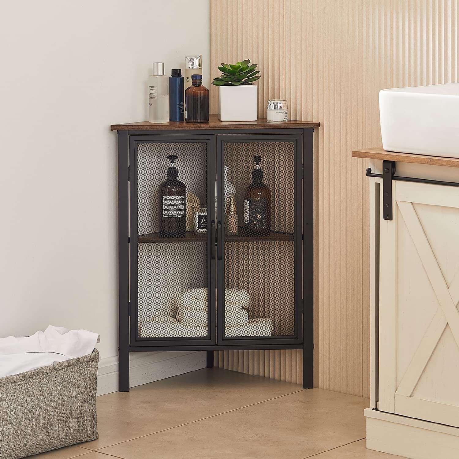 VECELO 3 Tier Corner Cabinet Shelf Display Rack with Grid Doors - VECELO