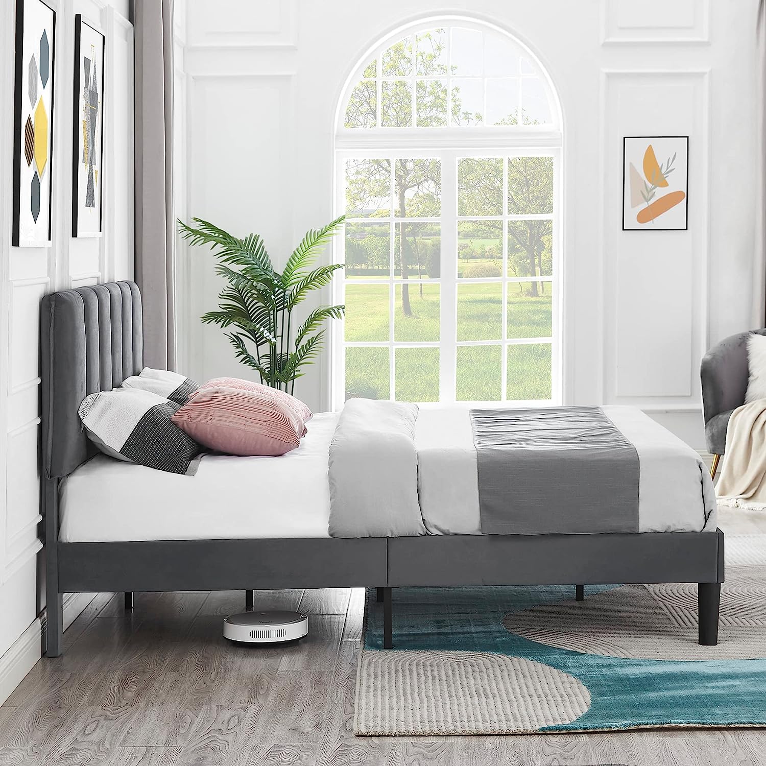 VECELO Modern Upholstered Platform Bedframe, Adjustable Headboard