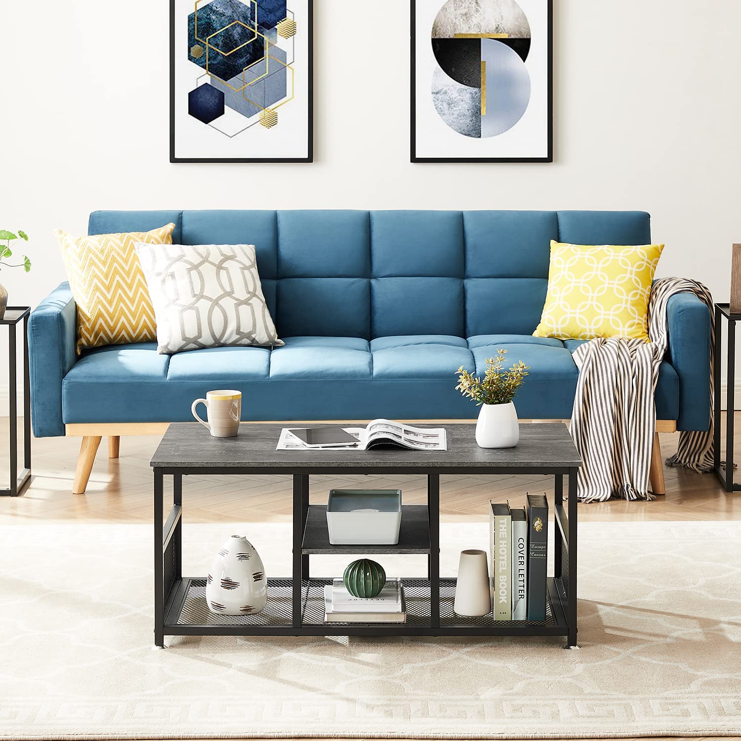 VECELO 39.4 Inch TV Stand/Coffee Table with Storage and Mesh Shelf for Living Room - VECELO