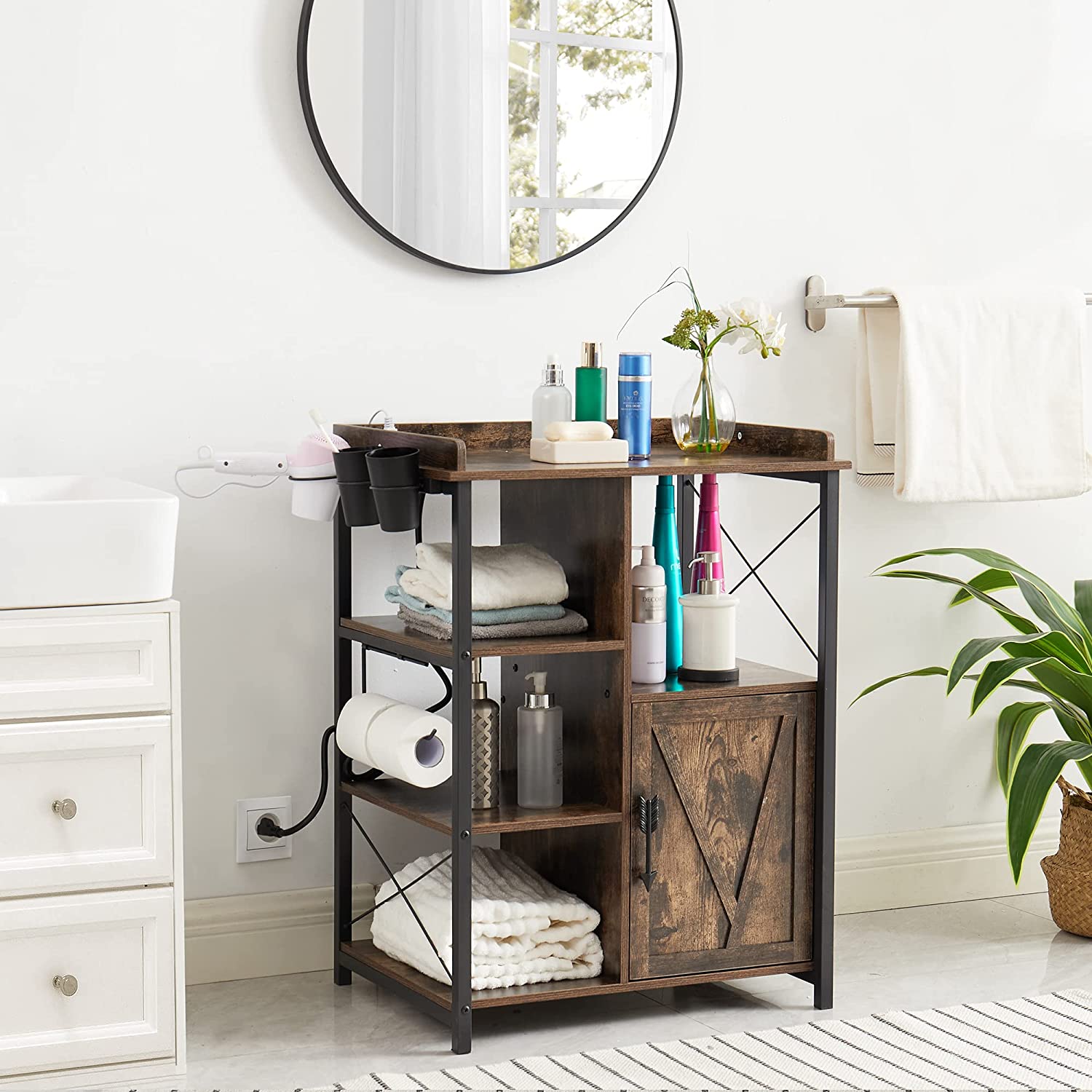 VECELO Floor Cabinet, Freestanding Storage Organizer with 2 Outlets & 3 Shelves for Bathroom, Kitchen,Hallway - VECELO