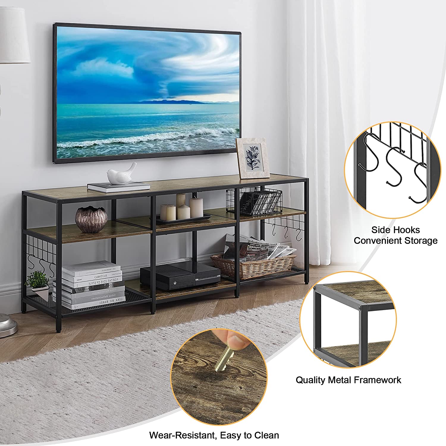 VECELO TV Stand Entertainment Center Media Console with 3-Tier Open Storage Shelves, Cabinet Table for Living Room Brown