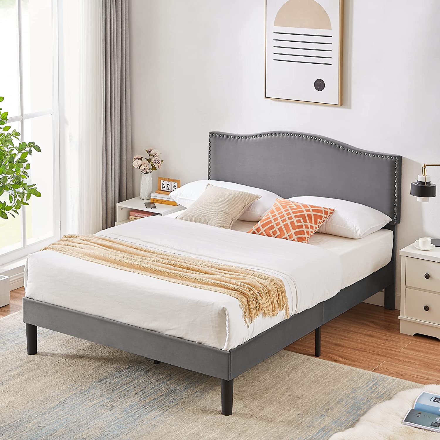 VECELO Bed Frame Platform with Upholstered Headboard & Wooden Slats Support - VECELO