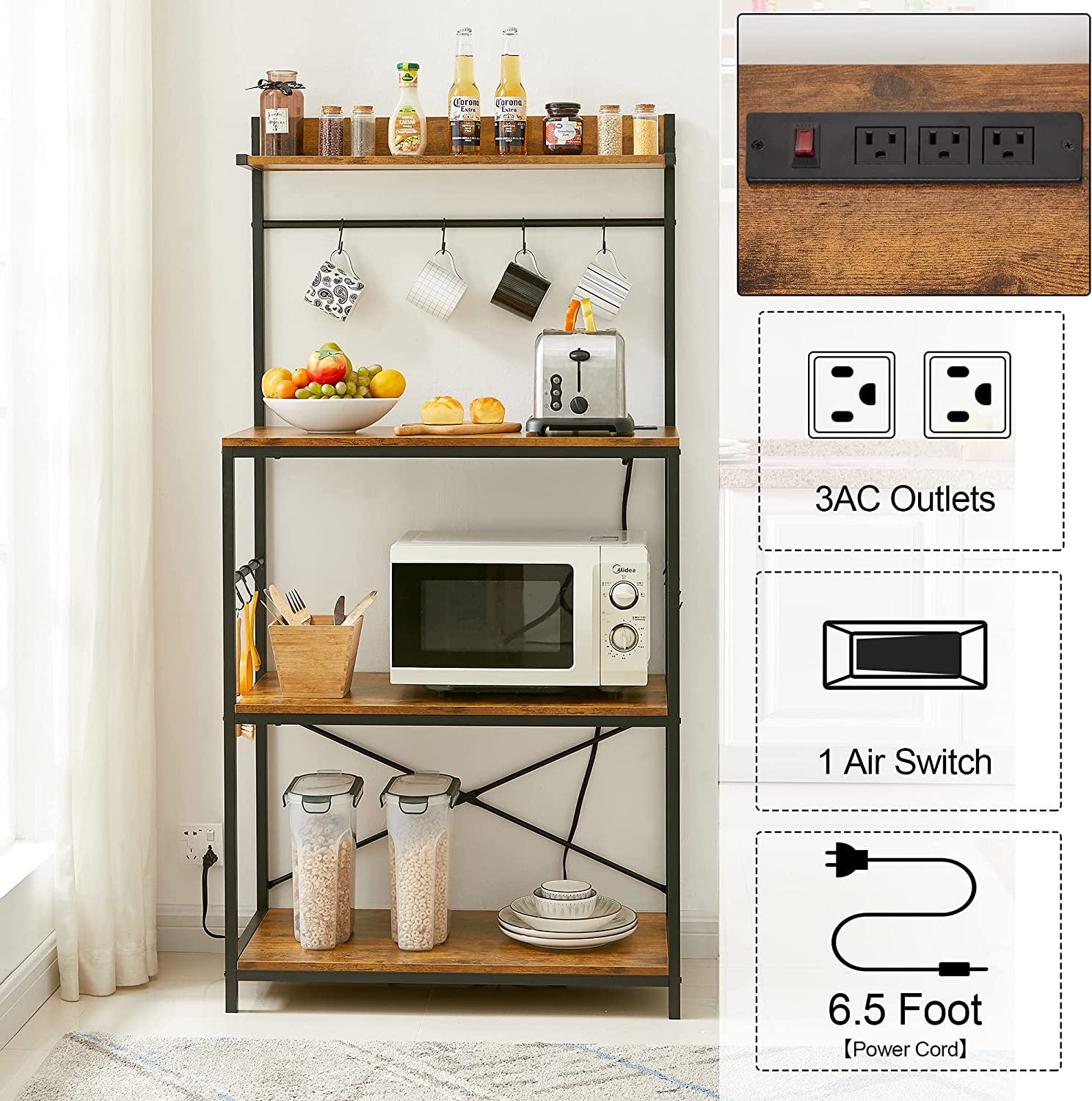 VECELO Bakers Rack with Power Outlets Floor Standing Coffee Bar - VECELO
