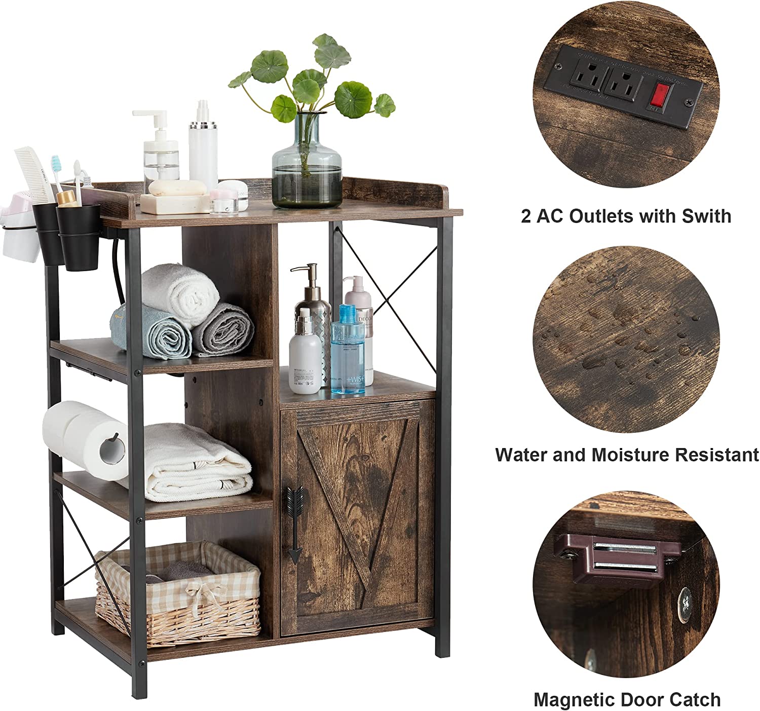 VECELO Floor Cabinet, Freestanding Storage Organizer with 2 Outlets & 3 Shelves for Bathroom, Kitchen,Hallway - VECELO