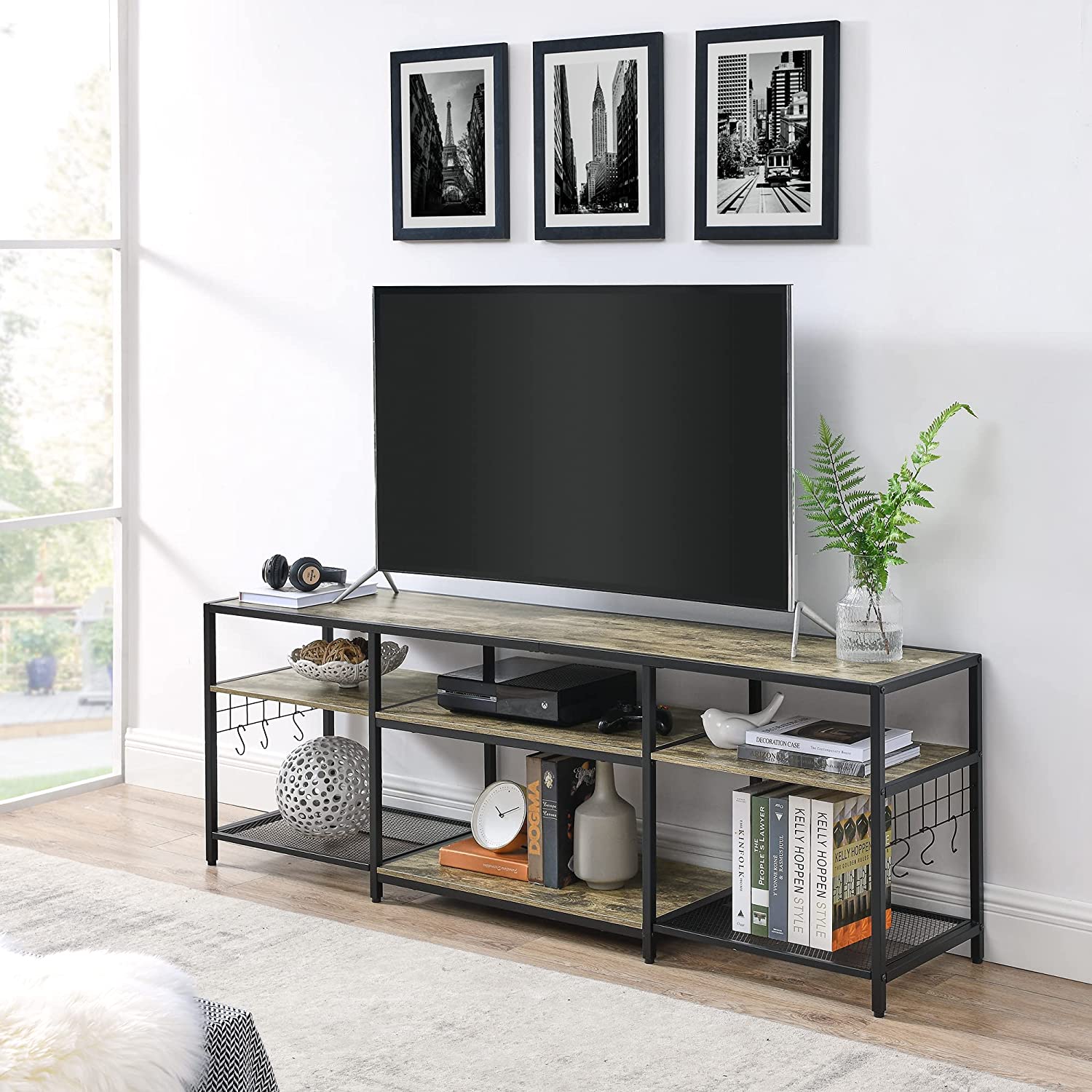 VECELO TV Stand Entertainment Center Media Console with 3-Tier Open Storage Shelves, Cabinet Table for Living Room Brown