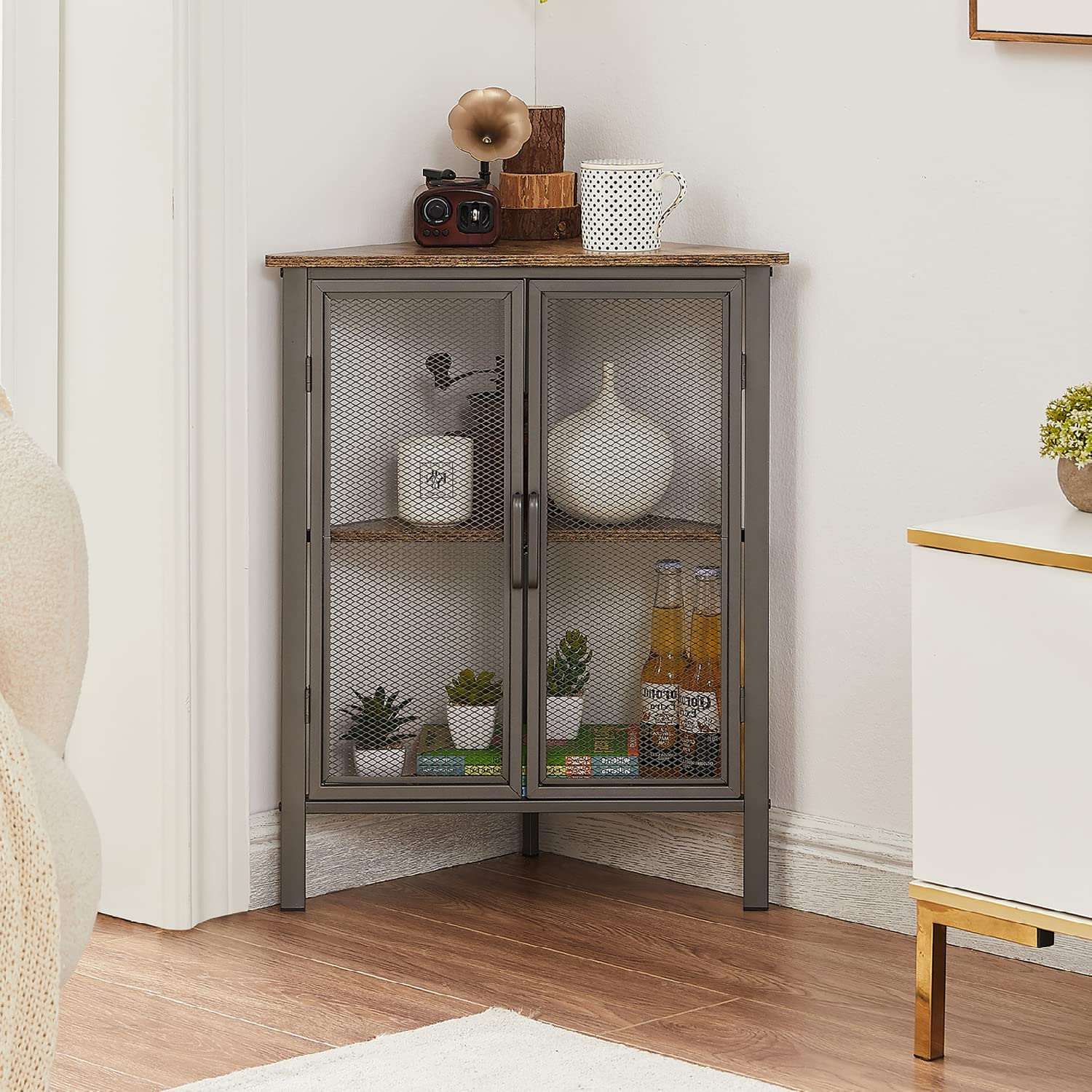 VECELO 3 Tier Corner Cabinet Shelf Display Rack with Grid Doors - VECELO