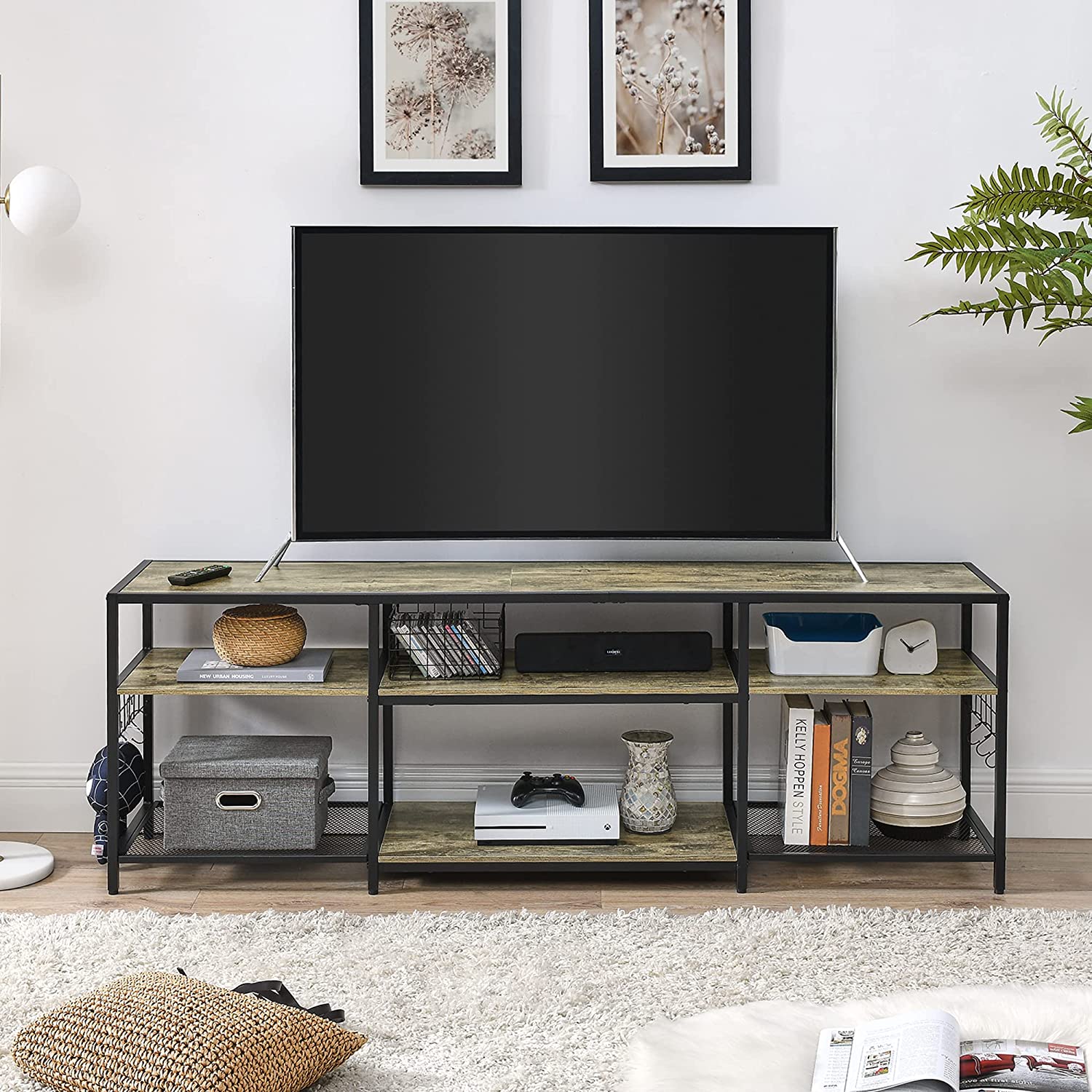 VECELO TV Stand Entertainment Center Media Console with 3-Tier Open Storage Shelves, Cabinet Table for Living Room Brown
