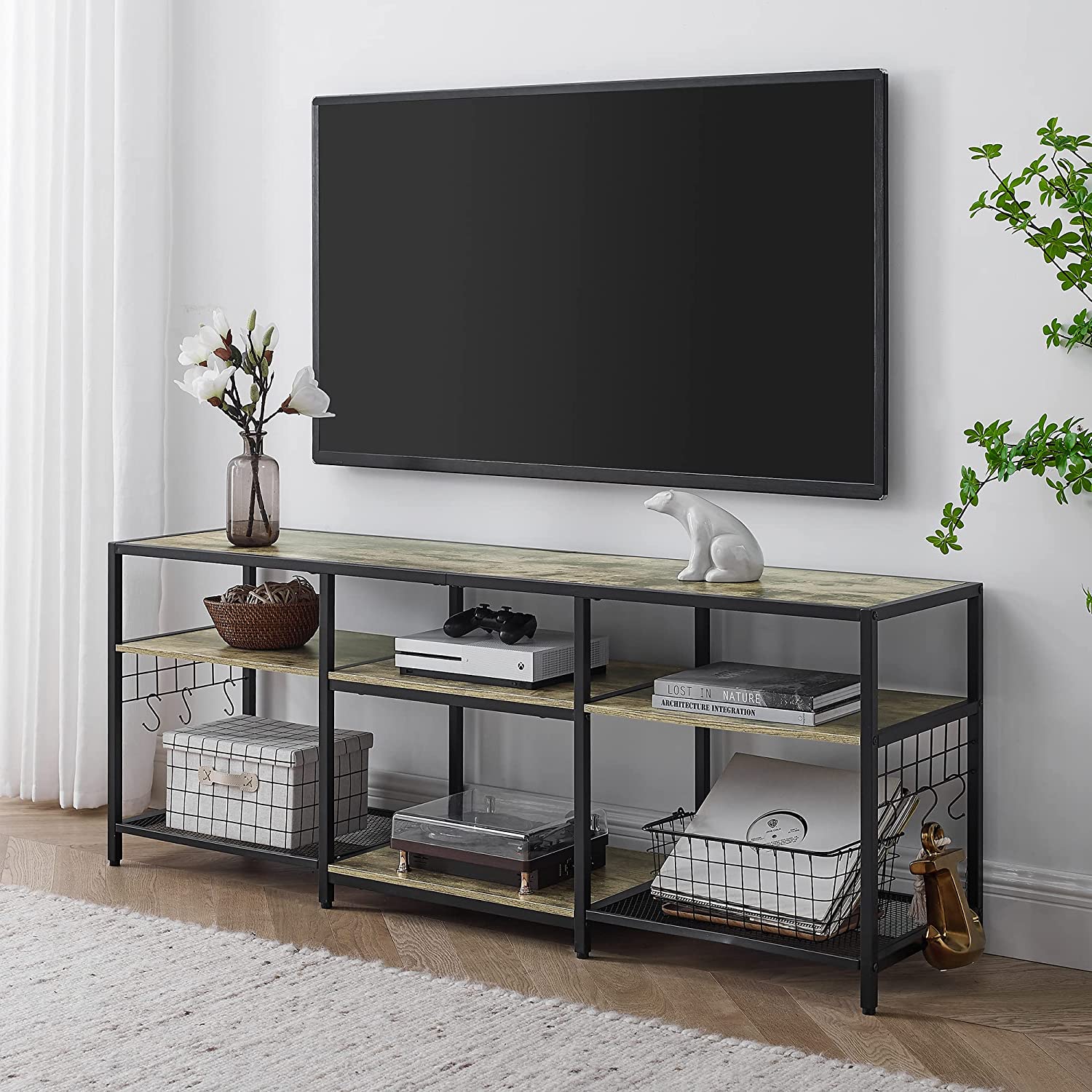 VECELO TV Stand Entertainment Center Media Console with 3-Tier Open Storage Shelves