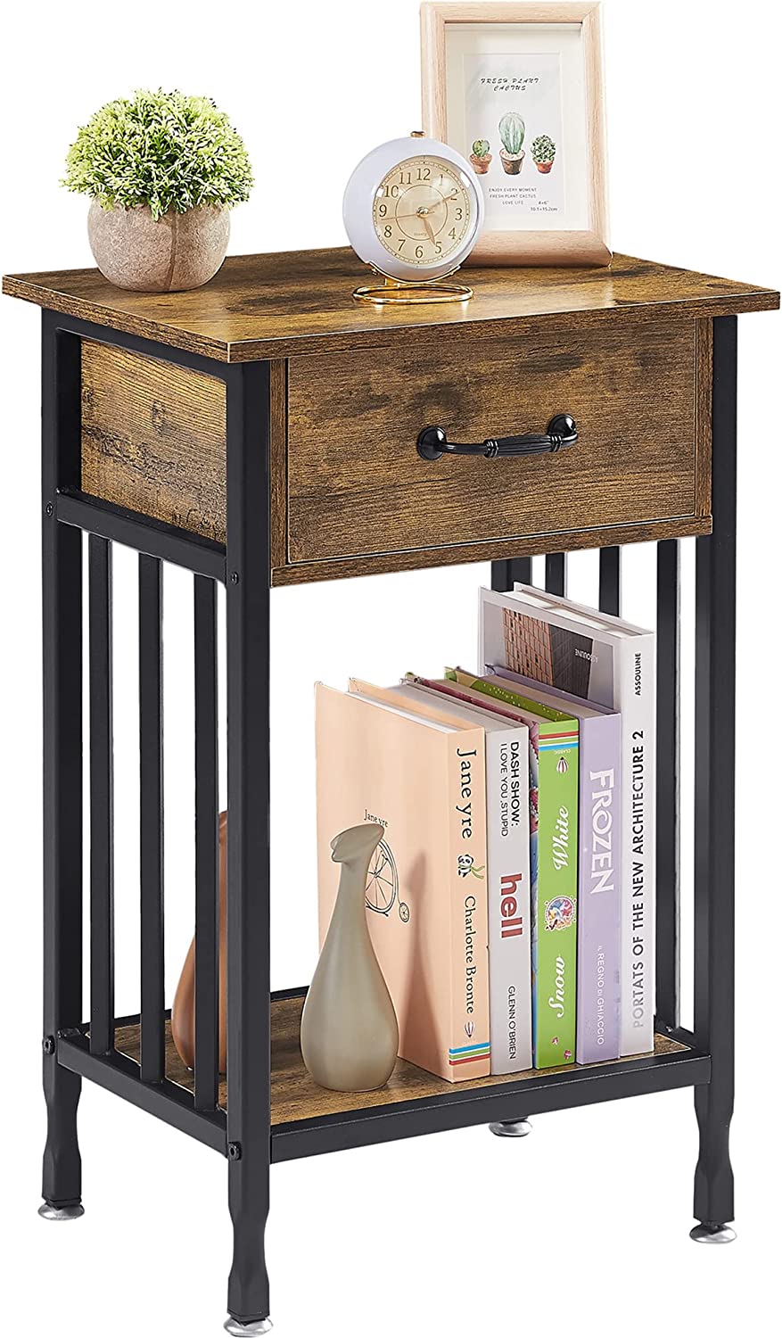 VECELO Industrial End Table,Nightstand with Drawer and Storage Shelf