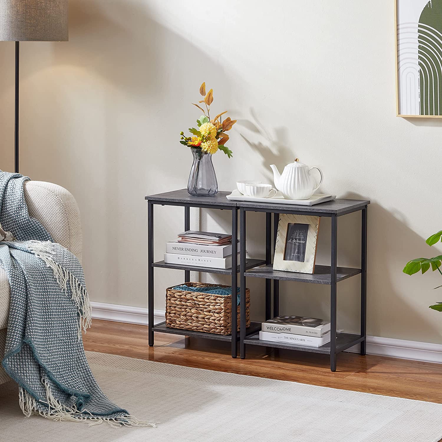 VECELO End Side Table with Storage Shelves Industrial Night Stand, 3-Tier Slim Nightstand for Living Room, Bedroom