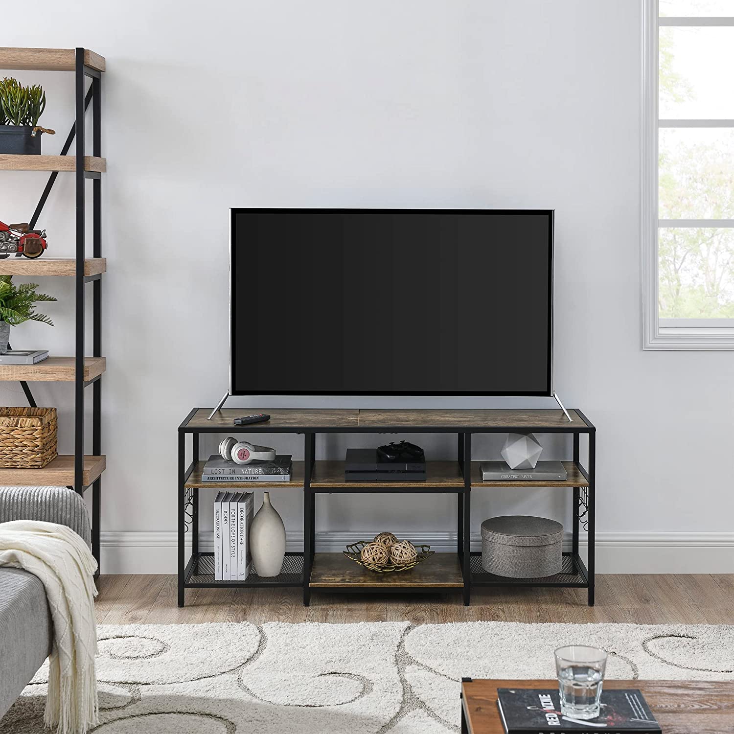 VECELO TV Stand Entertainment Center Media Console with 3-Tier Open Storage Shelves, Cabinet Table for Living Room Brown