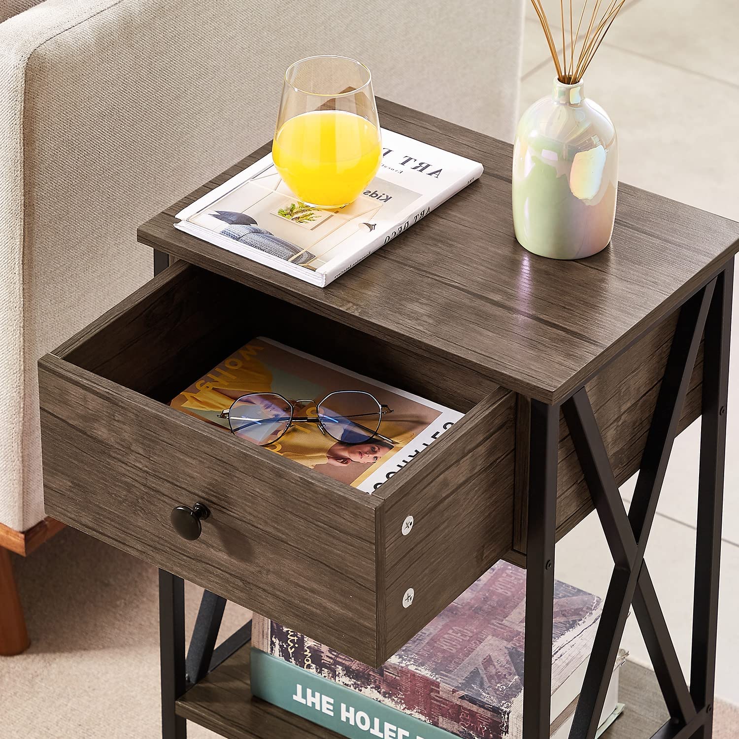 Versatile Nightstands X-Design Side End Table with Bin Drawer