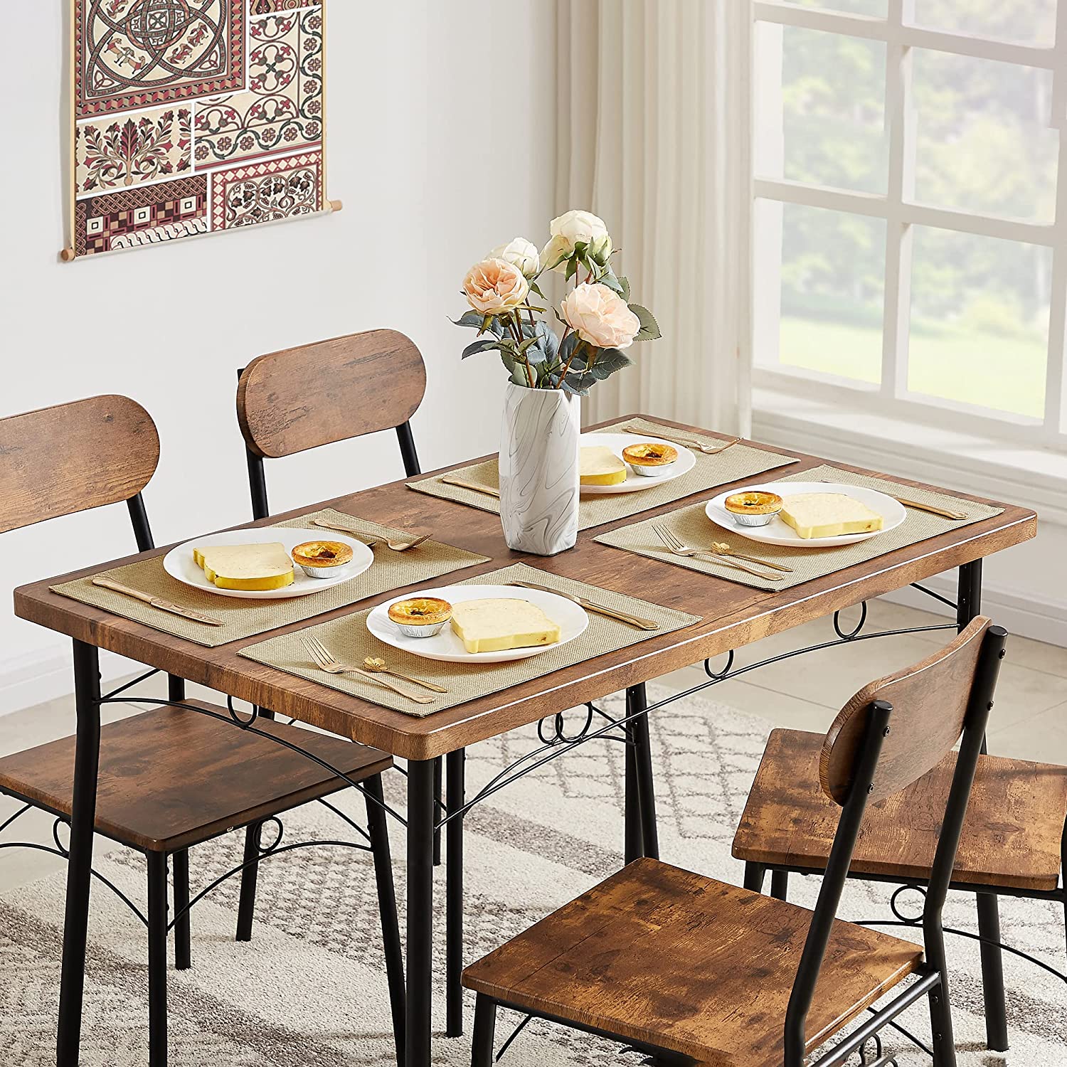 VECELO  Farmhouse Style 5 Piece Dining Table Set Metal and Wood Rectangular Table with 4 Chairs
