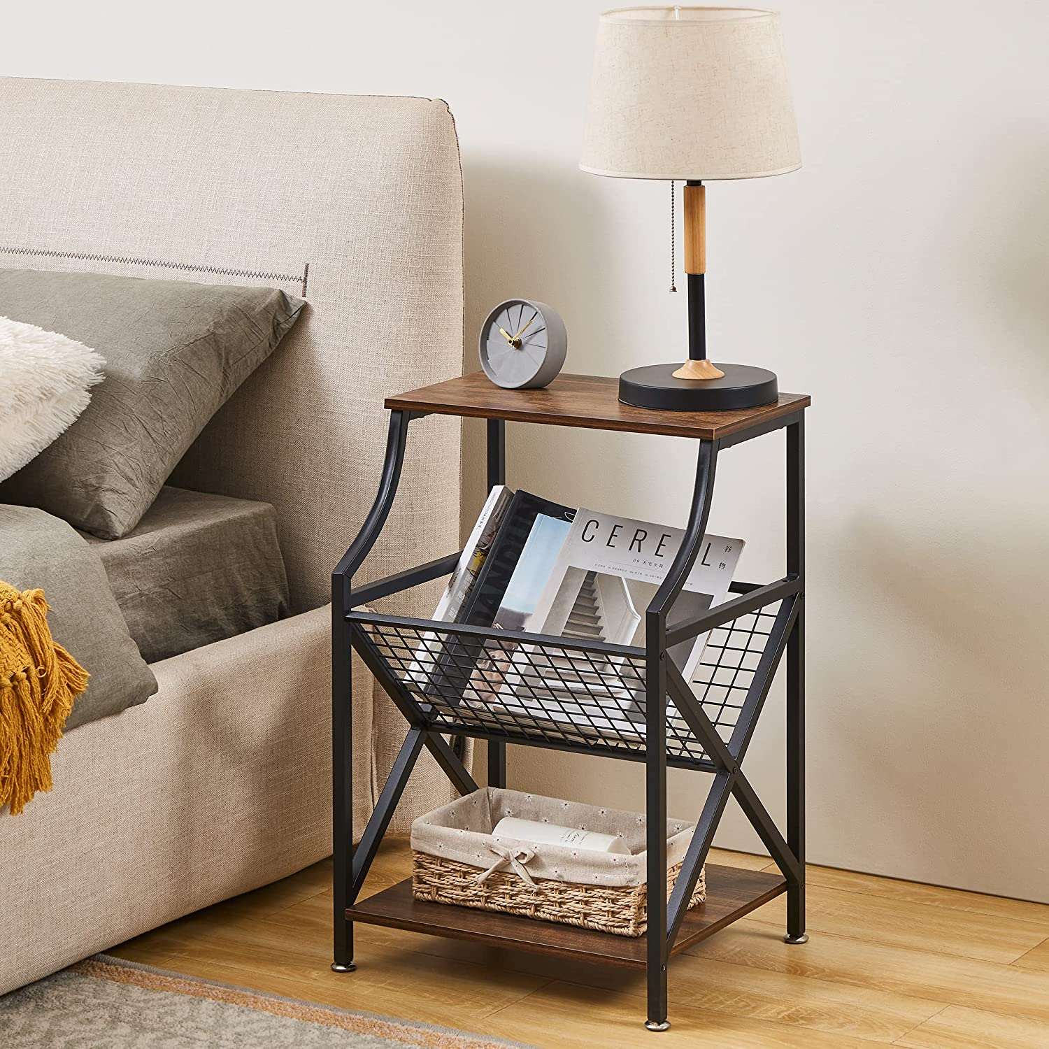 VECELO 3-Tier End Table with Storage Magazine Holder - VECELO