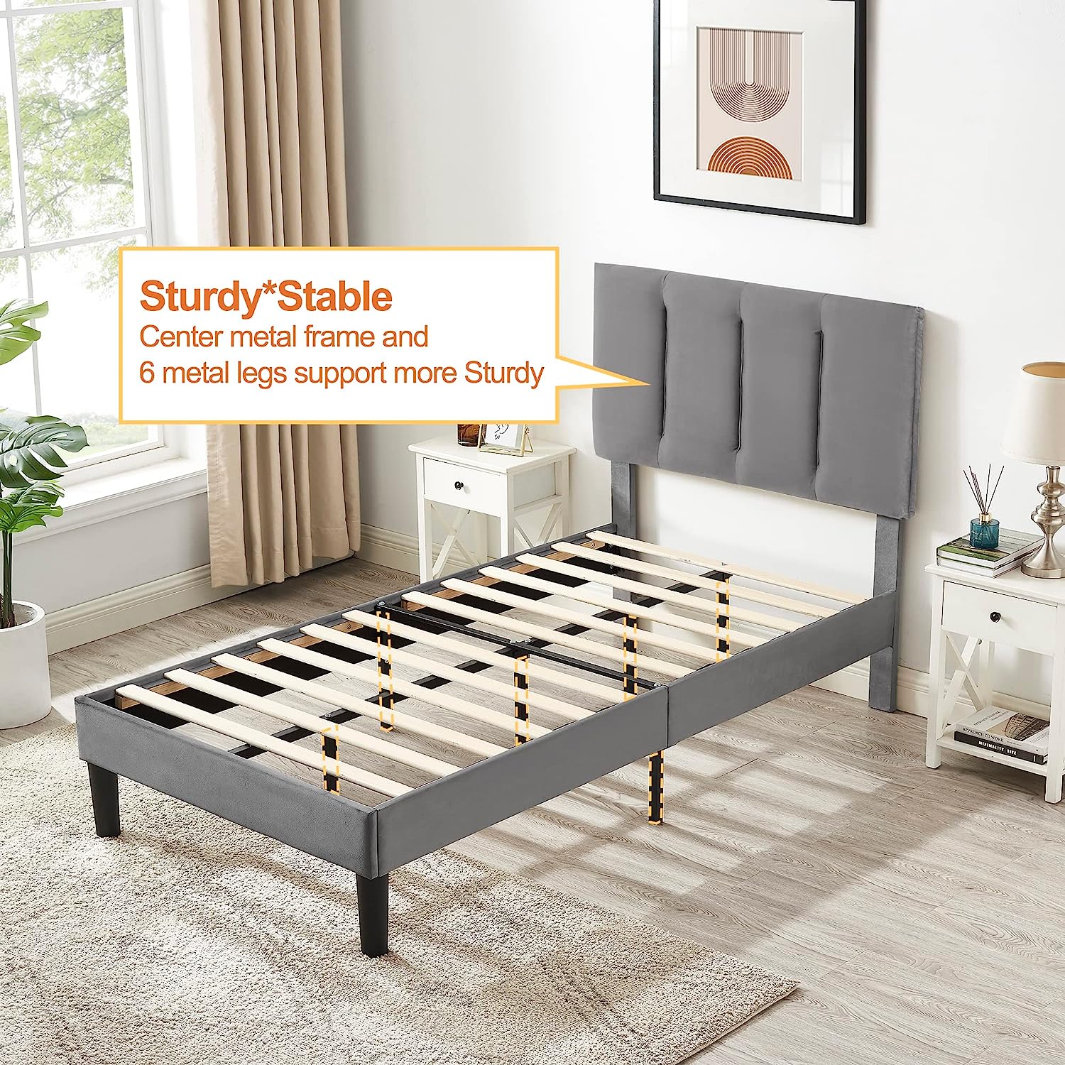 VECELO Modern Upholstered Platform Bedframe, Adjustable Headboard