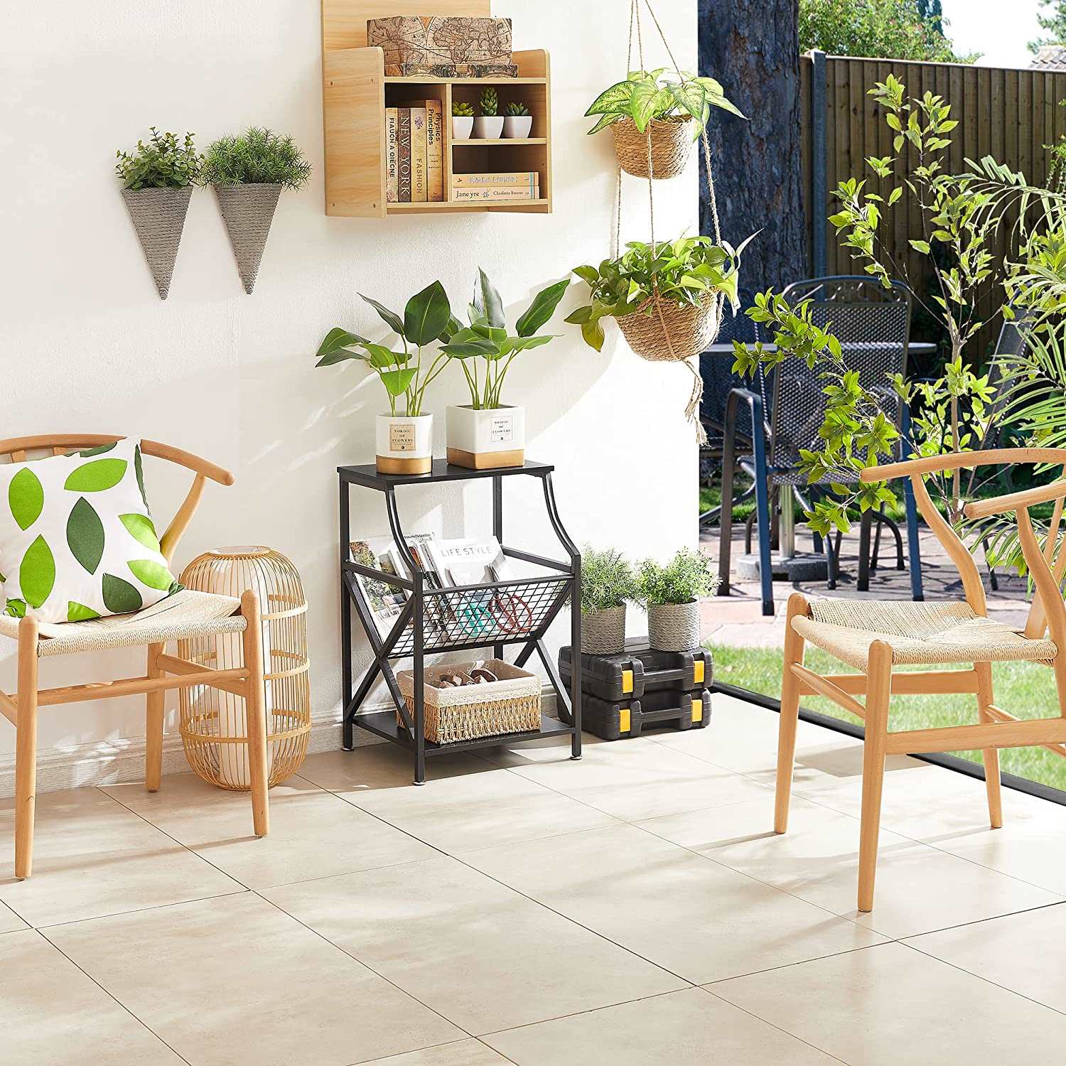 VECELO 3-Tier End Table with Storage Magazine Holder - VECELO