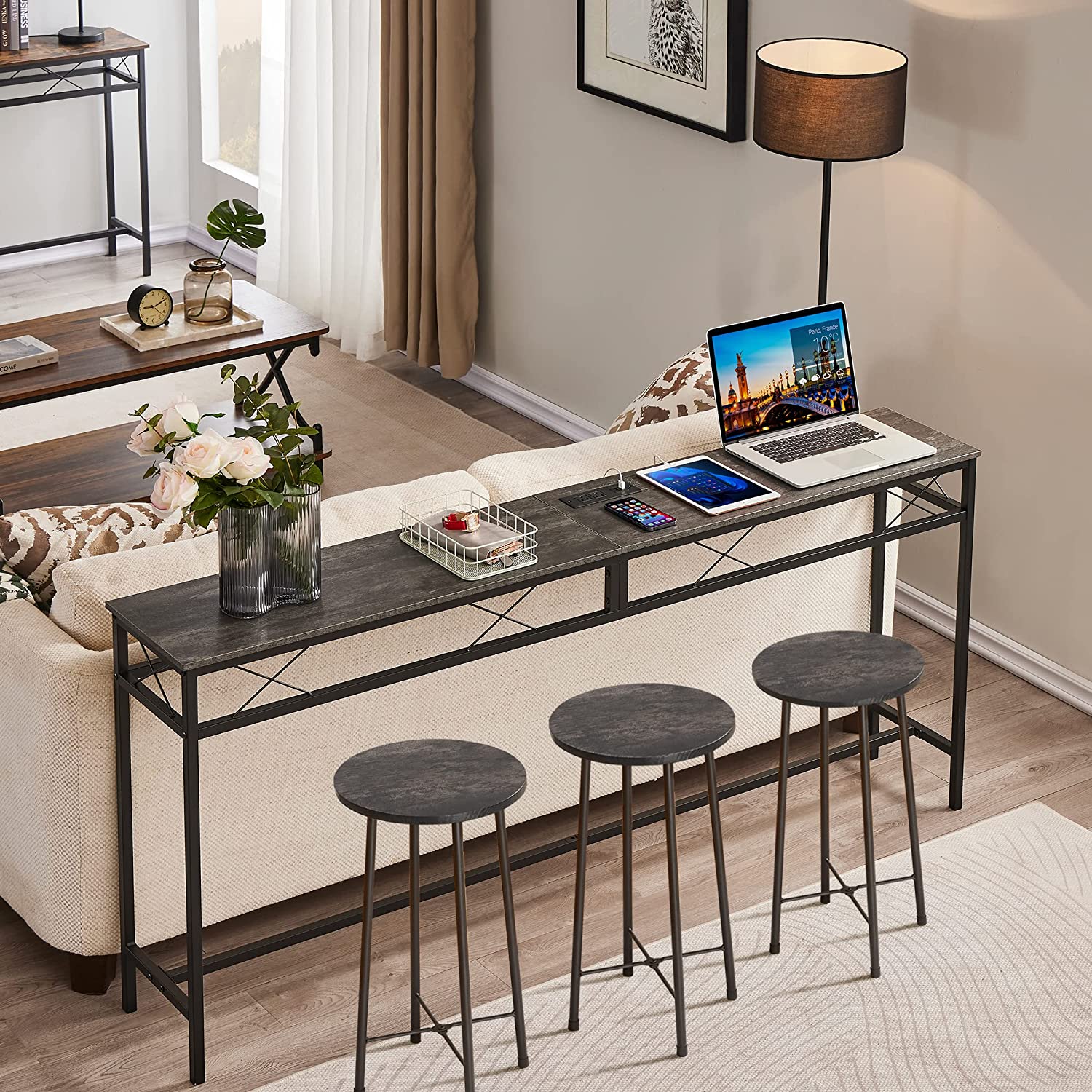 VECELO Extra Long Narrow Sofa/Console Table with Charging Station & Power Outlet and USB Ports - VECELO