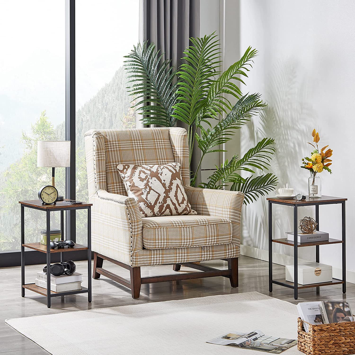 VECELO End Side Table with Storage Shelves Industrial Night Stand, 3-Tier Slim Nightstand for Living Room, Bedroom