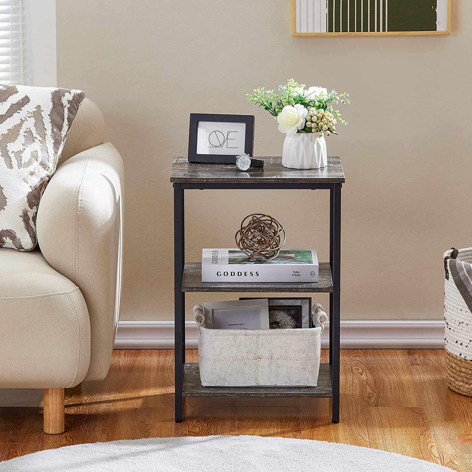 VECELO End Side Table with Storage Shelves Industrial Night Stand, 3-Tier Slim Nightstand for Living Room, Bedroom