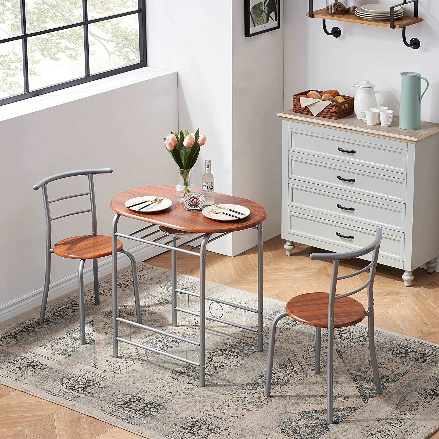 VECELO 3-Piece Dining Table Set/Round Tabletop & Chair for Kitchen - VECELO