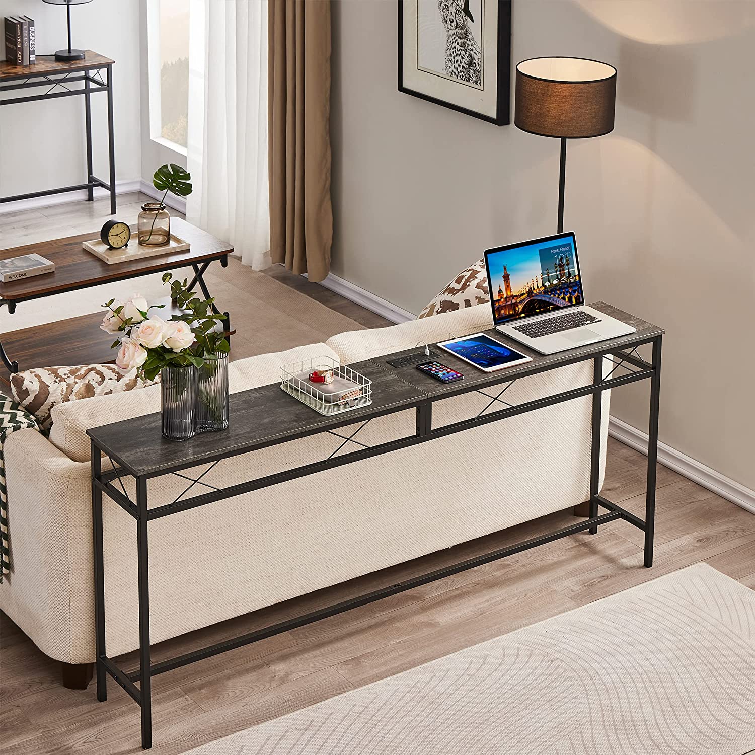 VECELO Extra Long Narrow Sofa/Console Table with Charging Station & Power Outlet and USB Ports - VECELO